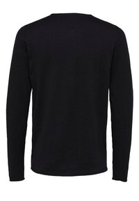 En enkel svart långärmad tröja som visas bakifrån med rund halsringning och rak nederkant.