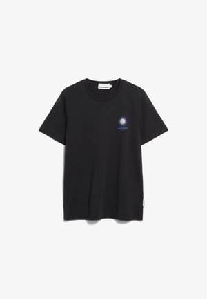 Schwarzes Baumwoll-T-Shirt mit kurzen Ärmeln, mit einem blauen Sonnen- und Löwengrafik auf der linken Brust. Klassisches Rundhals-Design.