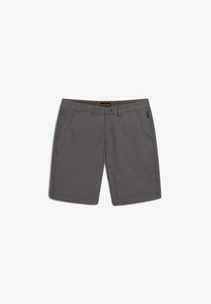 Grijze shorts met een rechte snit, twee voorspelers, een knoopsluiting en subtiele stikseldetails. Glad stofoppervlak, casual ontwerp.