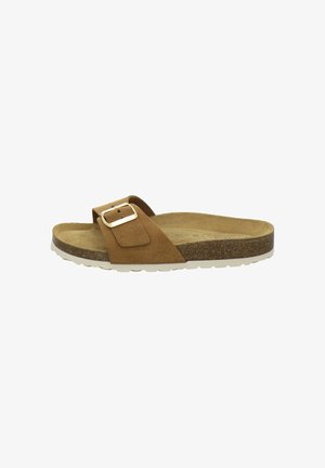 Brown suede slide sandal with a single wide strap featuring a gold buckle, cork footbed, and white textured rubber sole.