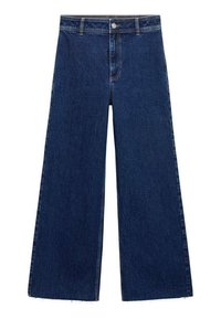 Jean en denim bleu foncé à jambes larges avec un ourlet effiloché, design classique à cinq poches et fermeture à boutons sur le devant. Tissu en coton avec une texture lisse.