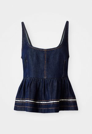 Jeansowa bluzka peplum w ciemnoniebieskim kolorze z kwadratowym dekoltem. Posiada marszczony dół z białym akcentującym przeszyciem i złotymi detalami.