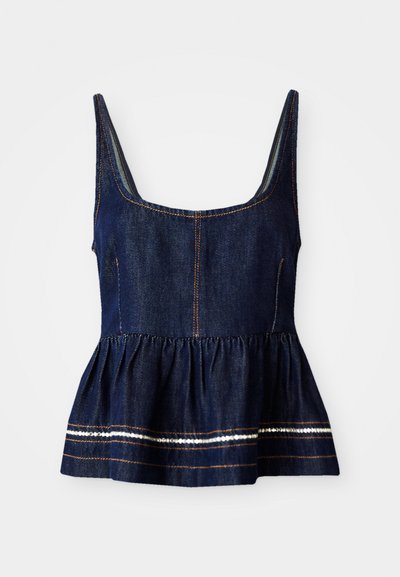 Dunkelblaues Jeans-Peplum-Oberteil mit quadratischem Ausschnitt. Mit gerafftem Saum, weißem Akzentstich und goldenen Fäden verziert.