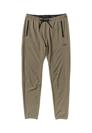 Khaki joggerbroeken met elastische tailleband, trekkoord en twee ritszakken aan de zijkant. Gemaakt van soepel, lichtgewicht materiaal.