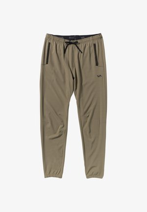 Khaki joggerbroeken met elastische tailleband, trekkoord en twee ritszakken aan de zijkant. Gemaakt van soepel, lichtgewicht materiaal.