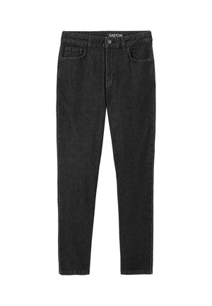 Jean denim noir à coupe droite avec bouton et fermeture éclair à l'avant, passants pour ceinture et design classique à cinq poches, étiqueté "GASTON" à l'intérieur de la ceinture.