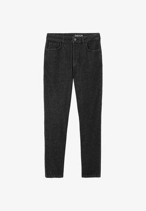 Jean denim noir à coupe droite avec bouton et fermeture éclair à l'avant, passants pour ceinture et design classique à cinq poches, étiqueté "GASTON" à l'intérieur de la ceinture.