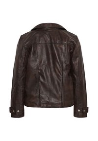 Veste en cuir marron foncé à manches longues, lignes de couture visibles et poignets boutonnés, vue de dos sur fond blanc.