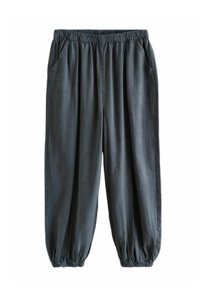 Dark gray loose-fit pants with elastic waist and cuffs, featuring side pockets and a relaxed, casual style.