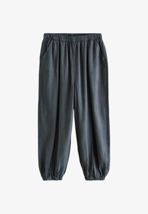 Luźne spodnie w ciemnoszarym kolorze z elastycznym pasem i ściągaczami przy nogawkach, wyposażone w boczne kieszenie i utrzymane w swobodnym, casualowym stylu.