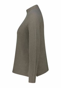 Olivgrüner, gerippter Pullover mit hohem Kragen und langen Ärmeln; hat einen strukturierten Stoff und eine lockere, entspannte Passform.