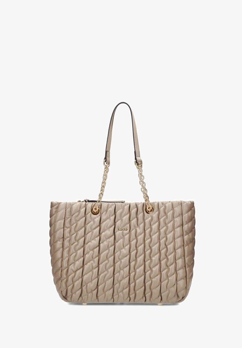 Borsa tote trapuntata beige con manici a catena dorati e chiusura con zip, dotata di una sottile placca con logo sul davanti.