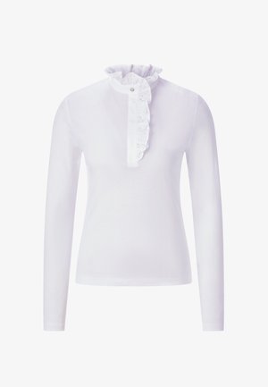 Balta ilgomis rankovėmis marškiniai su tekstūruotu, raukšlėtu apykakle ir centrinėmis mygtukų detalėmis. Lygi medžiaga su prigludusiu siluetu.