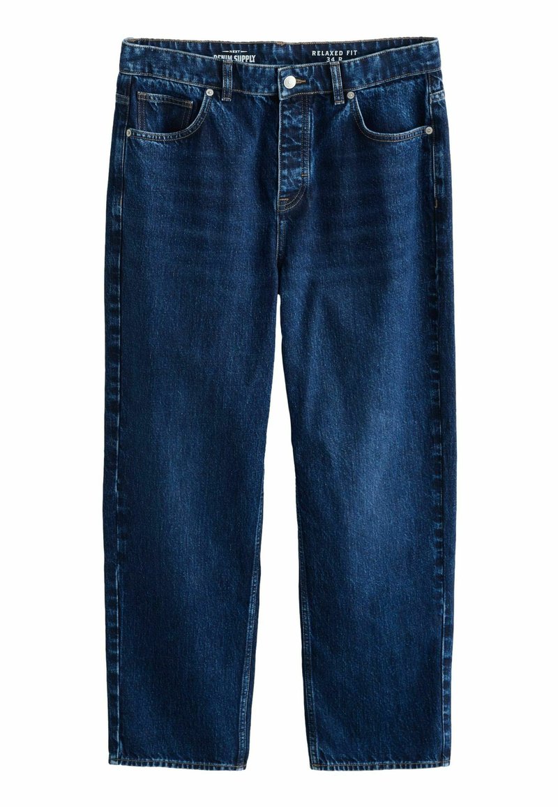 Jeans de denin azul oscuro de corte relajado, con una textura suave, cinco bolsillos y un cierre clásico de botón y cremallera. Diseño de pierna recta.