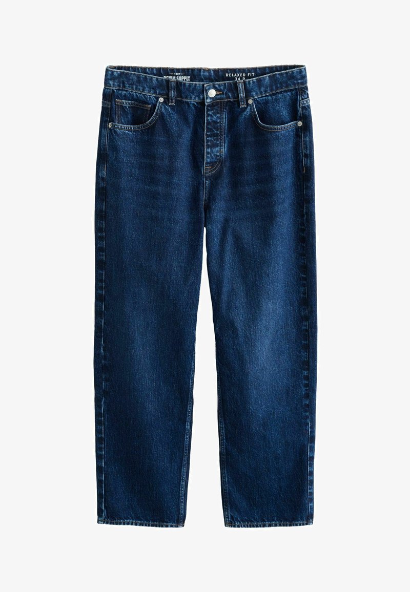 Jeans de denin azul oscuro de corte relajado, con una textura suave, cinco bolsillos y un cierre clásico de botón y cremallera. Diseño de pierna recta.