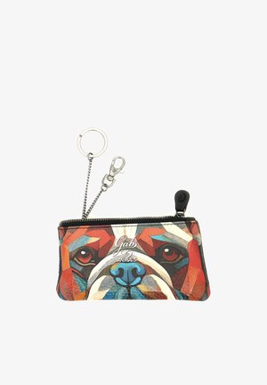 Piccola pochette con cerniera con un design colorato e geometrico del volto di un cane e anello portachiavi in metallo con moschettone, su sfondo bianco.