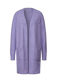 Lång cardigan med öppen framtill i en ljus lavendelfärg. Har långa ärmar, ribbade ärmar och två framfickor. Mjuk textur och avslappnad passform.