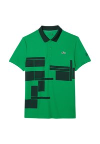 Grünes Polo-Shirt aus Baumwolle mit schwarzem Kragen. Verfügt über geometrische schwarze Blockmuster auf der Vorderseite. Logo auf der linken Brustseite.