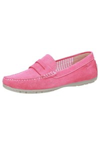 Rosa Wildleder Slipper mit einem Slip-On Design, weißen Nähten und einer strukturierten Oberfläche. Gefüttert mit Stoff im Vichykaro-Muster. Gummisohle.
