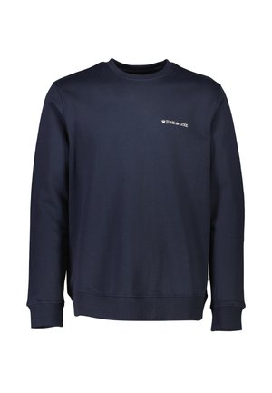 Sweatshirt bleu marine en tissu doux, avec un col rond, des poignets côtelés et un petit logo blanc sur la poitrine.