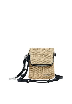 Beige woven bag with black accents, featuring a flap closure, adjustable strap, and zippered pocket. Made from textured straw material.