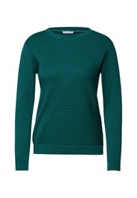 Pull en teal avec une texture côtelée diagonale, manches longues et col rond. Fabriqué à partir d'un matériau doux et respirant pour le confort.