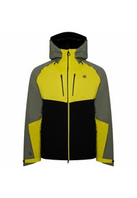 Veste imperméable avec un torse jaune, des manches grises et une partie inférieure noire. Comprend une capuche, des poches zippées et des poignets réglables.