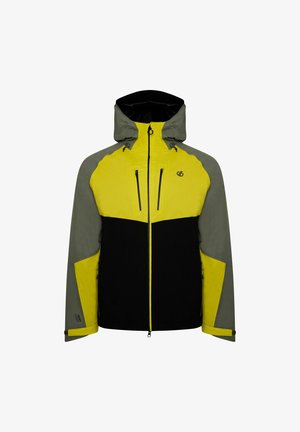 Veste imperméable avec un torse jaune, des manches grises et une partie inférieure noire. Comprend une capuche, des poches zippées et des poignets réglables.