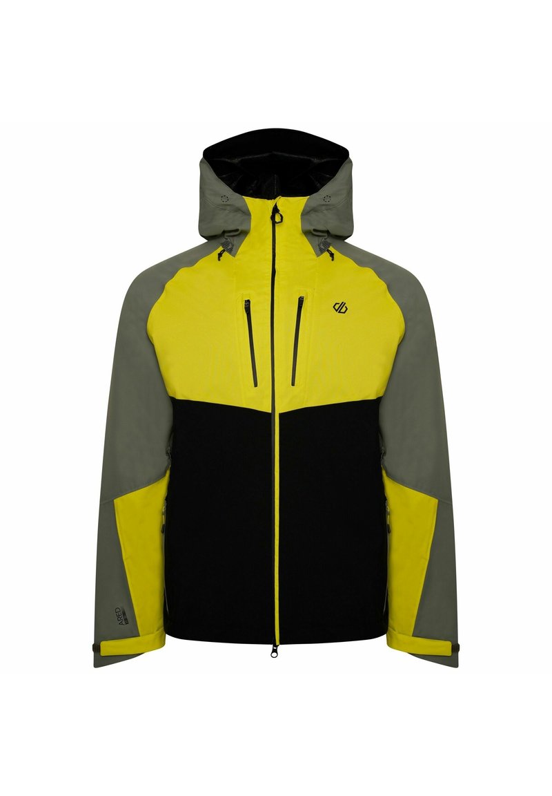 Veste imperméable avec un torse jaune, des manches grises et une partie inférieure noire. Comprend une capuche, des poches zippées et des poignets réglables.