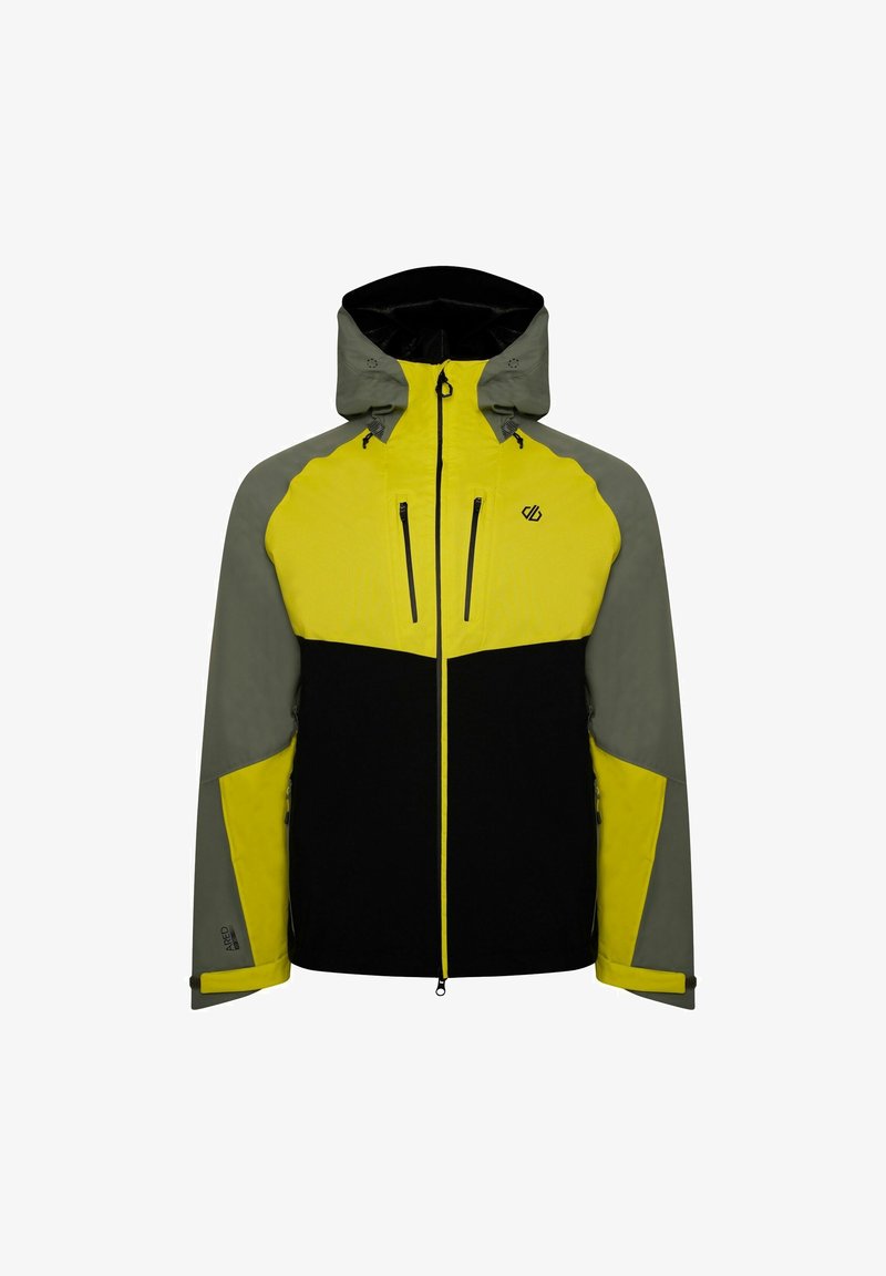 Veste imperméable avec un torse jaune, des manches grises et une partie inférieure noire. Comprend une capuche, des poches zippées et des poignets réglables.