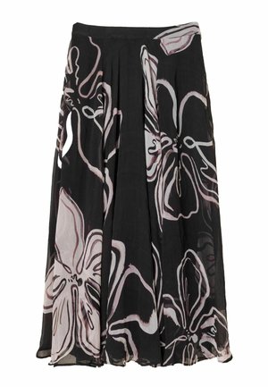 Sort midinederdel med store abstrakte, lyserøde blomsterprint og bløde plisseringer, lavet af let, halv-gennemsigtigt stof.