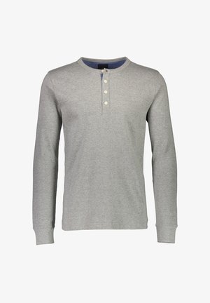 Grå långärmad henley-t-shirt i bomull, med rund halsringning, knäppning med fyra knappar och ribbade mudd.