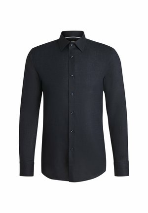 Maglietta nera a maniche lunghe realizzata in tessuto texture con colletto a camicia e sei bottoni sulla parte anteriore. Presenta dettagli con bottoni.