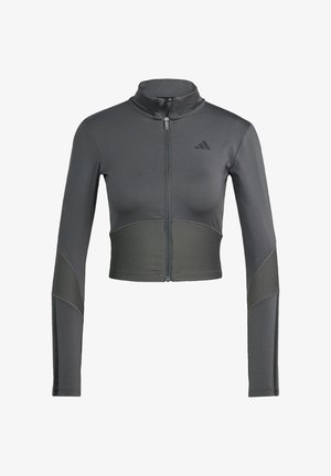 Grijze sportieve zip-up jas met lange mouwen, voorzien van ribbeltextuur op de taille en mouwen, en een logo aan de linkerkant van de borst.