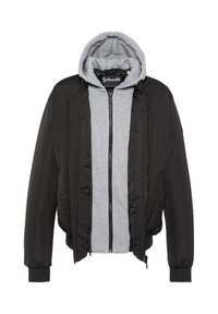 Giacca bomber nera con felpa con cappuccio grigia con zip sotto, polsini a coste e due tasche laterali. Tessuto morbido con finitura liscia.