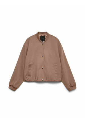 Veste aviateur marron avec col rond, boutons-pression à l'avant, ourlet élastique et poches latérales, confectionnée dans un tissu lisse.