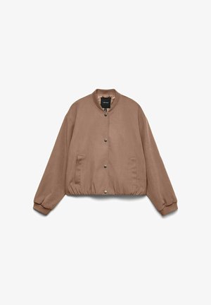 Brūna bomber jaka ar apaļu apkakli, priekšējām pogām uz spiedpogām, elastīgu apakšmalu un sānu kabatām, izgatavota no gludas auduma.