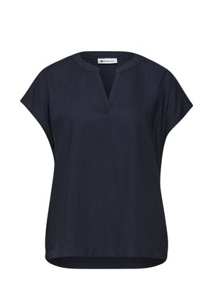 Blusa azul marino de manga corta con escote en V con abertura y corte holgado, etiquetada como Street One.