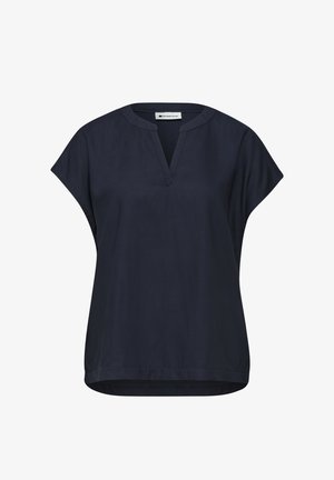 Donkerblauwe blouse met korte mouwen, een gespleten V-hals en een losse pasvorm, gelabeld Street One.