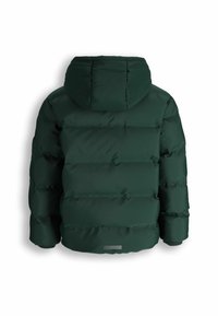 Ciemnozielona kurtka puchowa z kapturem. Posiada pikowane sekcje, ściągacze przy mankietach oraz odblaskowy pasek w okolicy dołu. Gładki, ocieplany materiał.