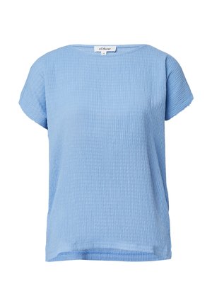 Lichtblauwe textuur korte mouwen damesblouse met een ronde hals en een losse pasvorm van het merk s.Oliver, maat 36.