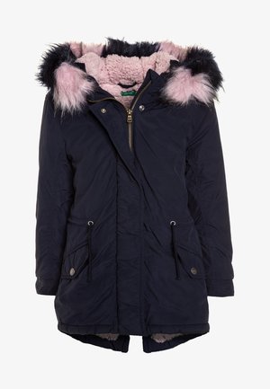 Navy blue hooded winter coat with pink faux fur trim, pink fleece lining, front pockets, zipper, and button closures.