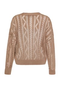 Gebreid sweater in lichtbruin met een open weving, voorzien van een zigzagpatroon, geribbelde manchetten en een ronde halslijn. De achterkant is afgebeeld.
