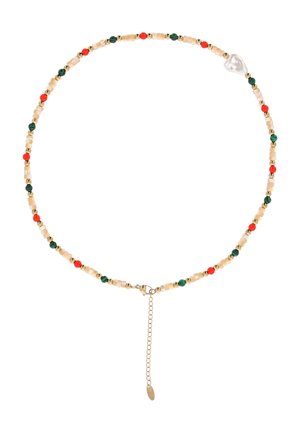 Naszyjnik z koralików z naprzemiennie ułożonymi beżowymi, zielonymi, czerwonymi i złotymi okrągłymi koralikami, z zawieszką w kształcie serca z białej perły oraz regulowanym złotym zapięciem na łańcuszku.