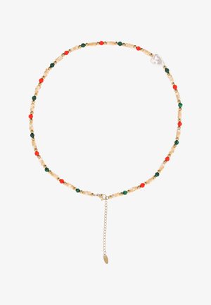 Gyöngyös nyaklánc váltakozó bézs, zöld, piros és arany színű, kerek gyöngyökkel, amely egy szív alakú fehér gyöngyöt és állítható arany láncos kapcsot tartalmaz.