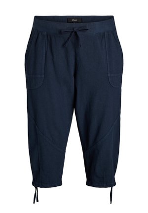 Ciemnoniebieskie spodnie o skróconej długości z talią na sznurek, przednimi naszywanymi kieszeniami oraz regulowanymi troczkami u dołu nogawek dla swobodnego dopasowania.