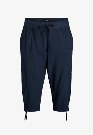 Donkerblauwe cropped broek met een trekkoord in de taille, voorzakken en verstelbare koordjes aan de zoom voor een casual pasvorm.