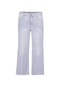 Jean jambe large rayé bleu clair et blanc, avec taille haute, cinq poches et fermeture à boutons. Texture en denim doux.