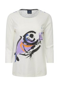 Weißes Langarmhemd mit einem bunten abstrakten Design in Lila, Orange und Schwarz. Rundhalsausschnitt mit einem gemusterten Bund.