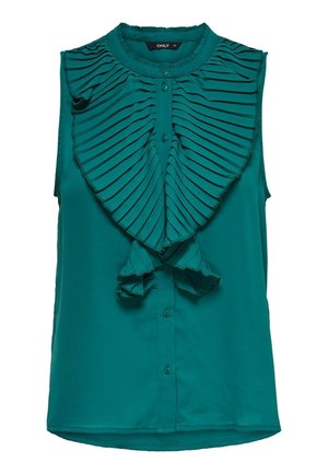 Bez rękawów miętowo-zielona bluzka z marszczonym przednim panelem i zapięciem na guziki od kołnierzyka do dołu.